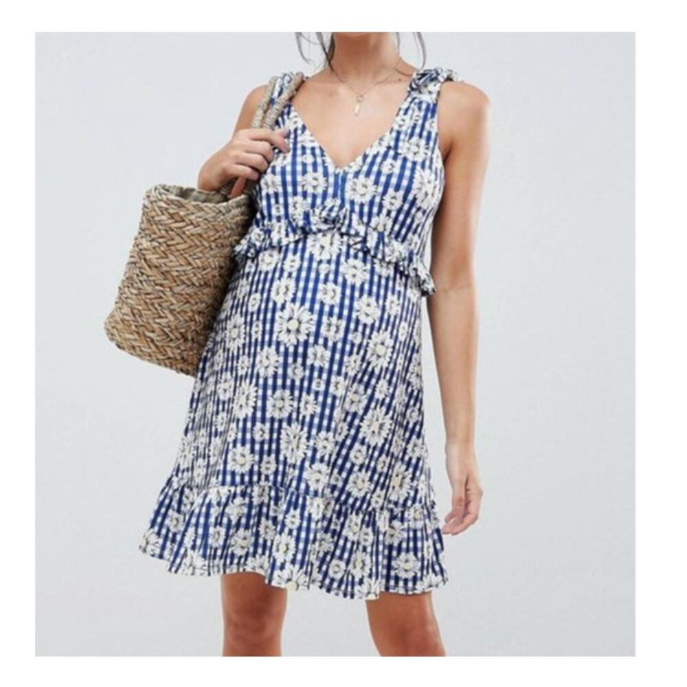 ASOS Women´s Gingham Blue With Daisy Maternity Dress Sz 2
